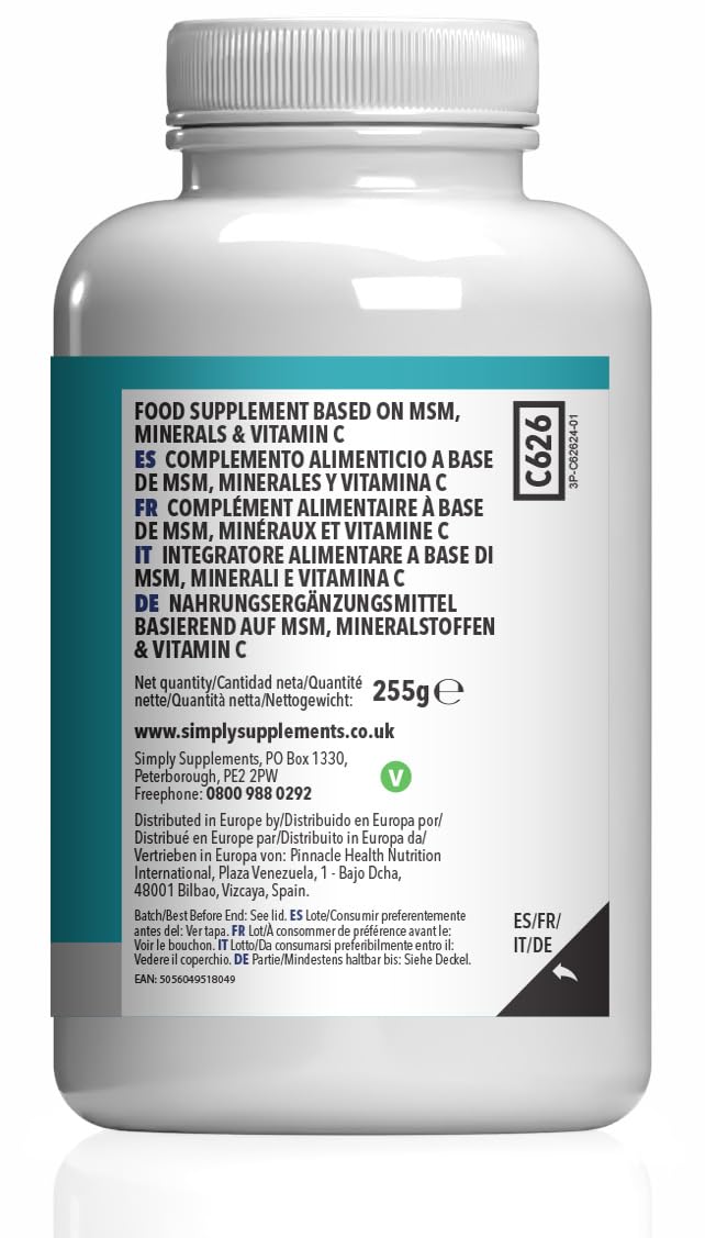 MSM 3,000mg | with Added Vitamin C | Supports Healthy Joints, Skin, and Immune Function | Vegan & Vegetarian Friendly | Made in The UK Unflavoured 1 count (Pack of 180)
