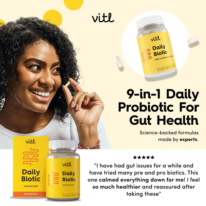 Vitl Daily Biotic with 9 Probiotic Strains - 30 Vegan Capsules - Probiotic with a Complex Blend of Gut Friendly Bacteria - Restore Balance in the Gut & Aid Digestion - 1 Month Supply 30 count (Pack of 1)