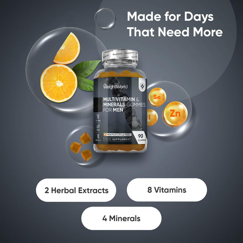 WeightWorld Multivitamin Gummies for Men | 90 Vegan Gummies | with Added Herbal Extracts Like Maca, Panax Ginseng | 8 Multivitamins & 4 Minerals | Mixed Peach & Orange Flavour | Gluten-Free & Non-GMO