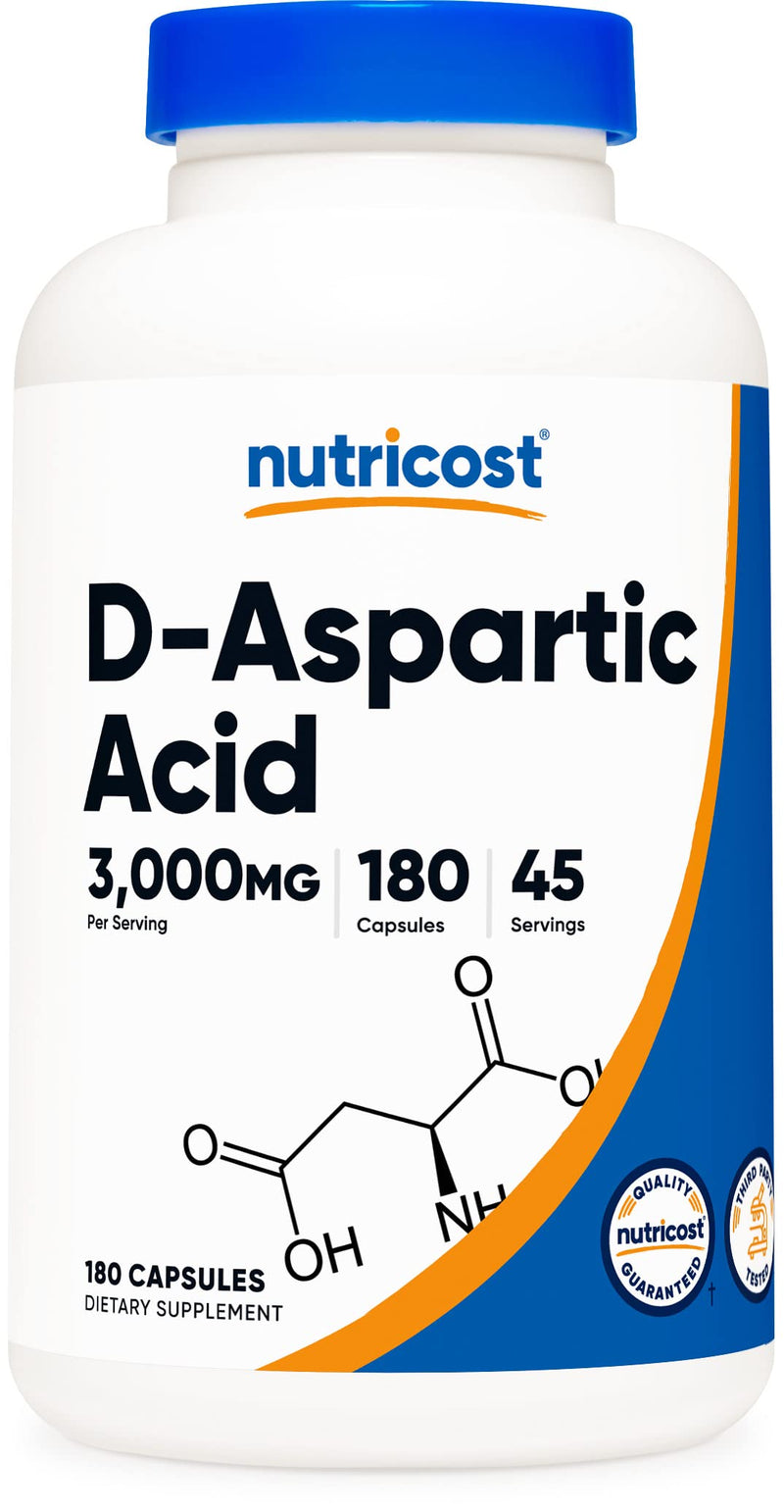 Nutricost D-Aspartic Acid (DAA) Capsules 3000mg Per Serving (180 Capsules) - Non-GMO 180 Count (Pack of 1)