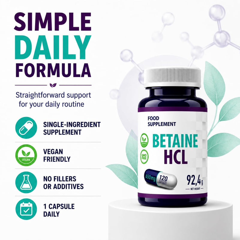 Hepatica Betaine HCL | 650mg (Betaine Hydrochloride) | 120 Vegan Capsules | 4-Month Supply | GMP & 3rd Party Lab Tested