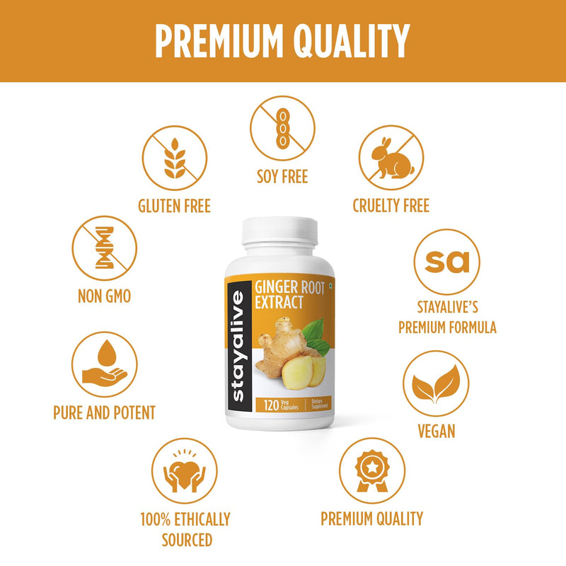 [Australia] - STAY ALIVE Pure Ginger Root Capsules 1000mg, 10:1 Extract Powder with 5% Gingerols, 120 Pills, Extra Strength Root Powder, Vegan, Non-GMO and Gluten-Free Ginger Supplement 