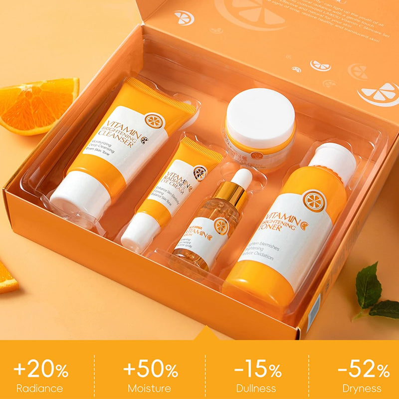 5PCS Vitamin C Skincare Set, Complete Face Care Kit with Cleanser, Toner, Serum, Eye Cream and Face Cream, Moisturizing Anti-Aging Skin