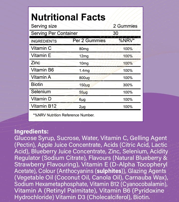 Hair, Skin & Nail Beauty Gummies - Biotin, Zinc, Vitamin D3, Selenium, Vitamin C - Vegetarian Berry Chewable Gummies - Gluten, Dairy, Soy & GMO Free (60 gummies) 60 count (Pack of 1)