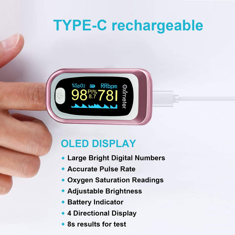 [Australia] - TYNDALL Pulse Oximeter Rechargeable, Oximeter Finger with Pulse and Oxygen, Oxygen Monitor Fingertip, Heart Rate Monitor Finger, Oximetry for Sports Aviation Use Only (Pink) 