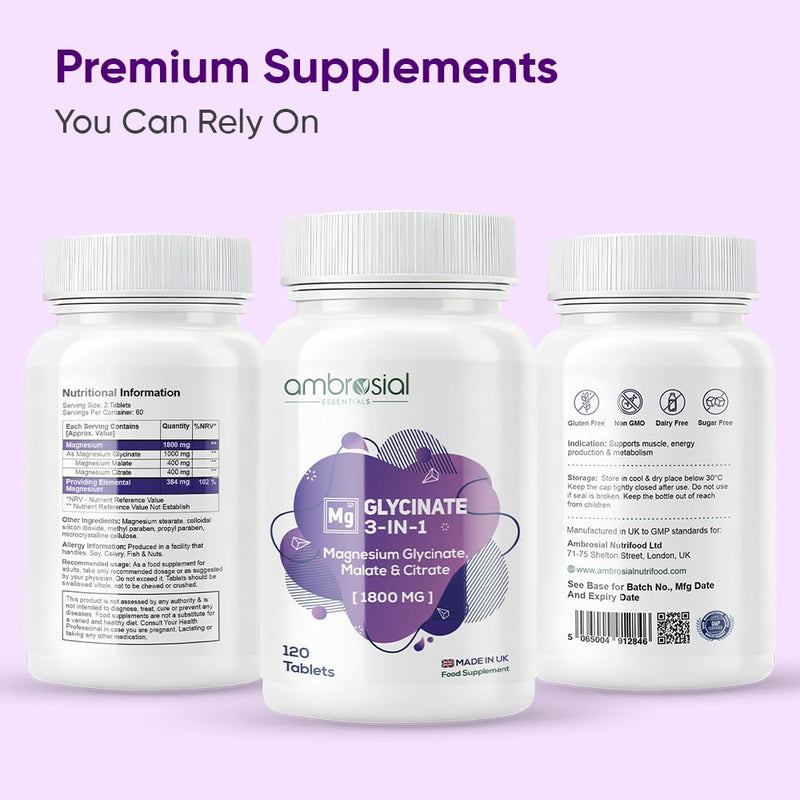 Ambrosial Magnesium Glycinate 3-in-1 Complex 1800 mg – Triple Magnesium Supplement with Glycinate, Citrate & Malate – 384 mg Elemental Mag. – UK Made, GMP Certified – 120 Tablets