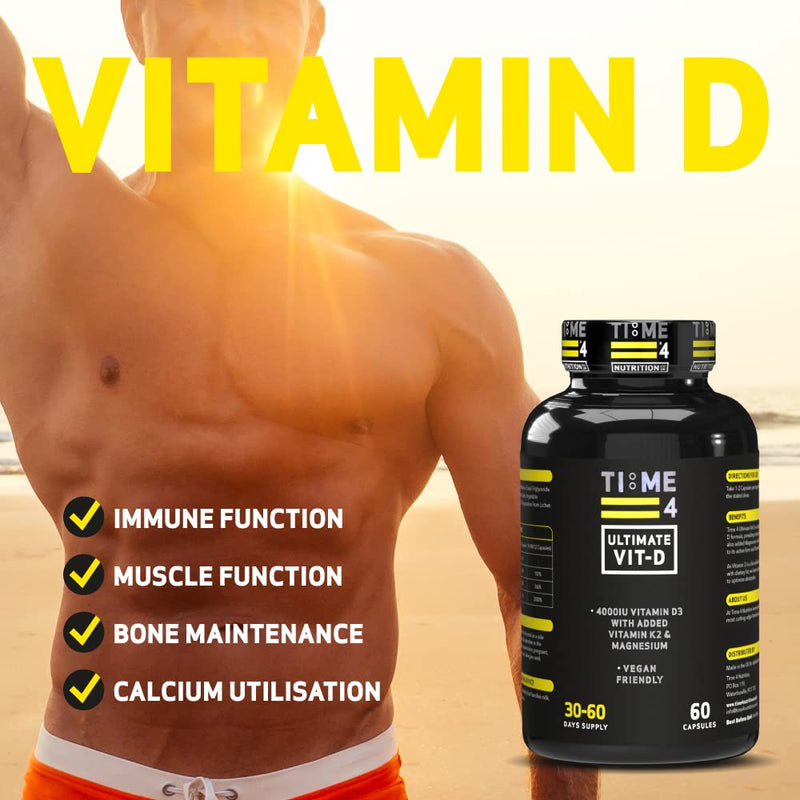 Time 4 Ultimate Vitamin D – Vitamin D3 4000iu, 200mcg Vitamin K2 (MK7), 400mg Magnesium, 600mg Caprylic Acid In 2 Easy To Swallow Capsules – Vegan Friendly, Gluten Free, 30-60 Day Supply – 60 Capsules