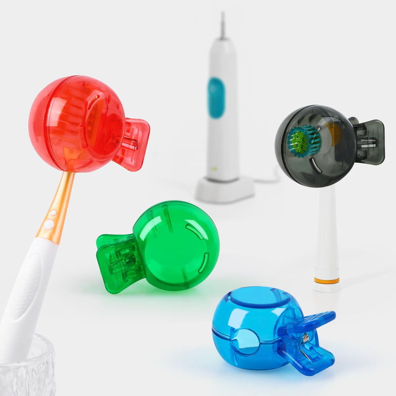 [Australia] - 4 Pack Travel Toothbrush Head Covers Portable Toothbrush Protector Cap Brush Pod Case Plastic Protective Clip for Household Travel, Camping, Bathroom, School, Business Blue, Green, Grey, Red 
