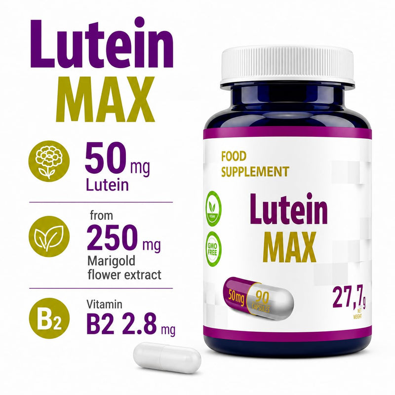 Hepatica Lutein 50mg with Vitamin B2 | Normal Vision Support | Marigold Extract | 90 Vegan Capsules | 3-Month Supply | 3rd Party Lab Tested