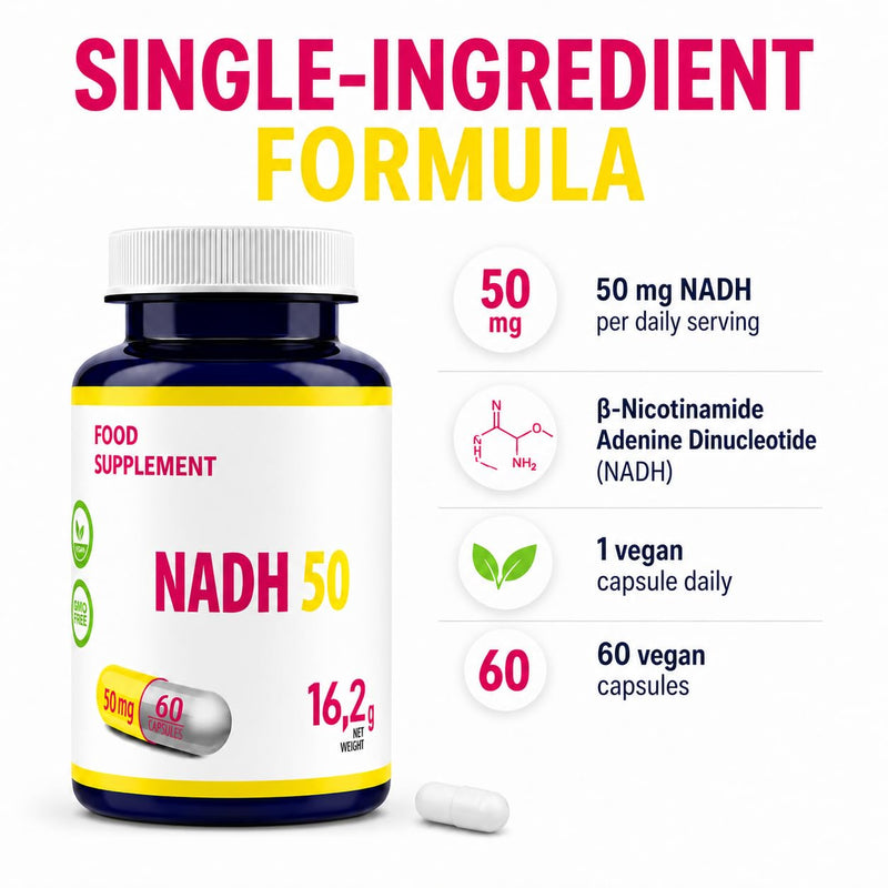Hepatica NADH 50mg (Reduced Nicotinamide Adenine Dinucleotide) | High Strength | 60 Vegan Capsules | 2-Month Supply | 3rd Party Lab Tested