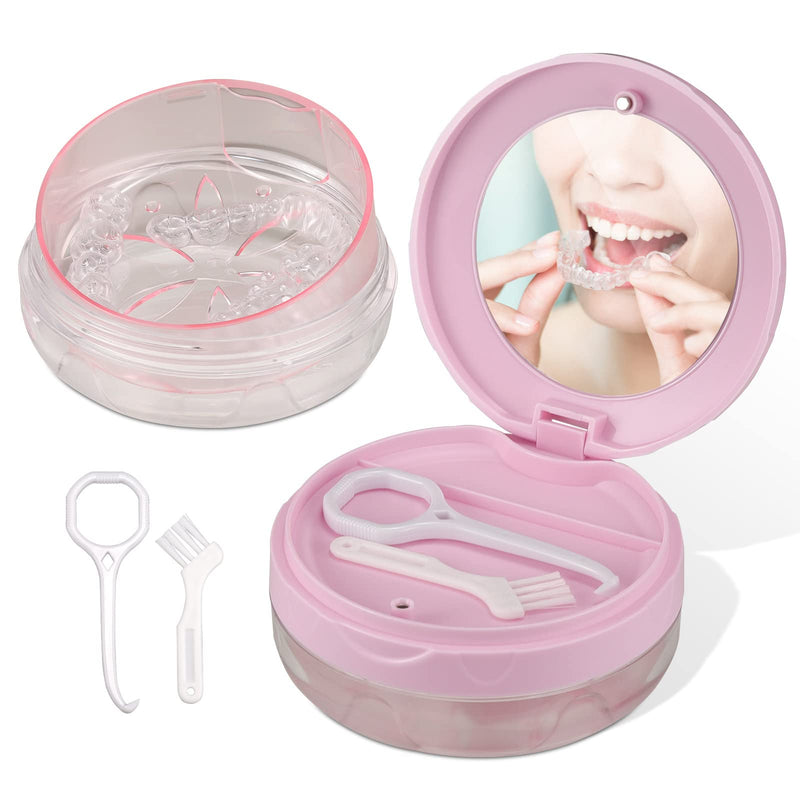 [Australia] - Denture Case, Leak Proof Denture Bath Case Cup Kit for Travel Cleaning, Heigoeost Denture Holder Box Bath Soaking Container for Women & Men with Mirror, Strainer, Removal Tool and Denture Brush(Pink) Pink 