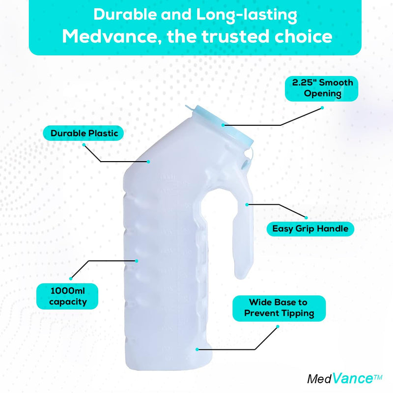[Australia] - MedVance- Urinals for Men 1000ml with Glow in The Dark Spill Proof Pop Cap Lid, Plastic Pee Bottles for Men, Male Urinals, Pee Container Men, Portable Urinal for Car, Elderly & Incontinence (2 Pack) 