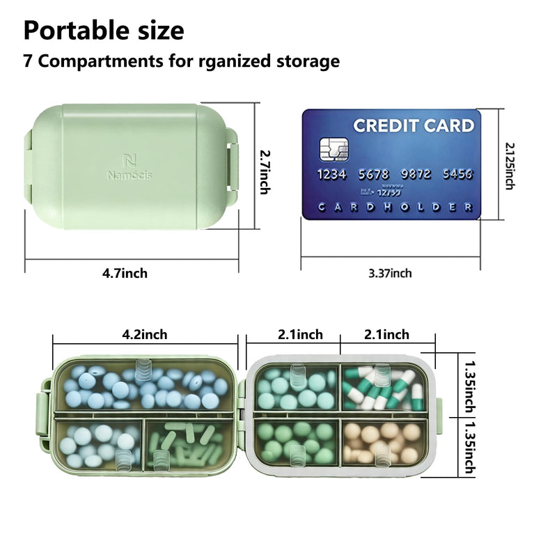 7 Compartments Travel Pill Organizer, Foldable Portable Airtight Pill Box | Weekly Medicine Pill Organizer,Travel Size Storage Containers,Waterproof Medicine Vitamin Container for Travel Camping(Green) Green