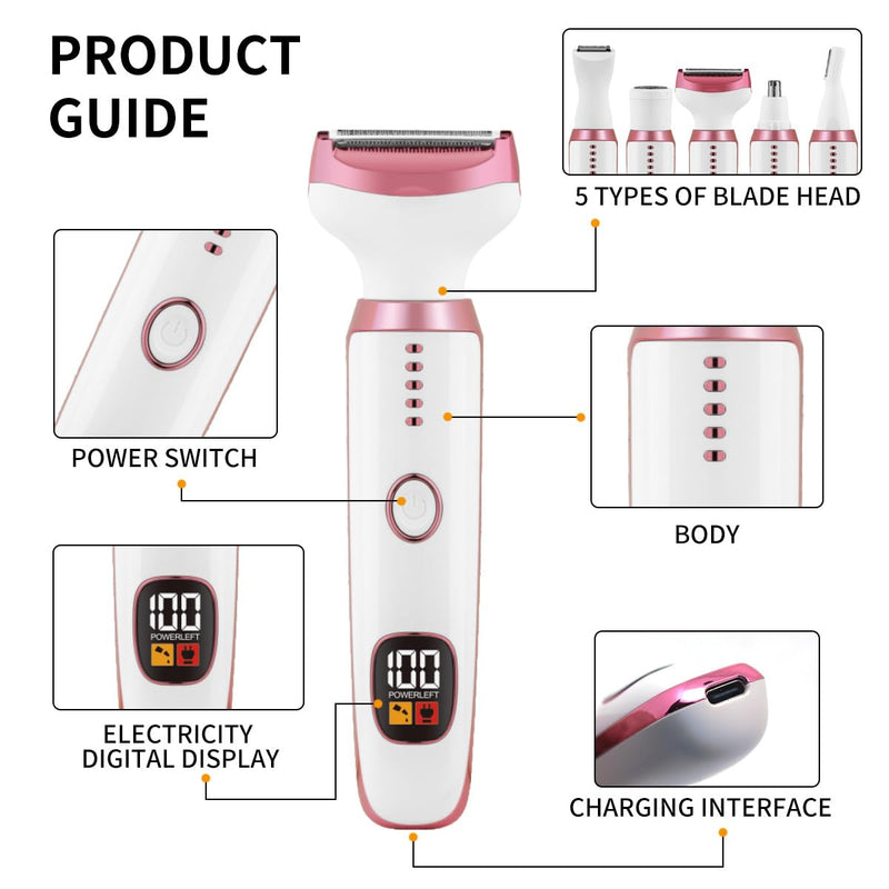 [Australia] - Electric Razors for Women, Bikini Trimmer for Women 5 in 1 Body Shaver for Nose Hair Face Eyebrow Arms Legs Armpit Underarm Pubic Area, Replaceable Lady Facial Razor Painless USB Charge Female Gift White 5 in 1 