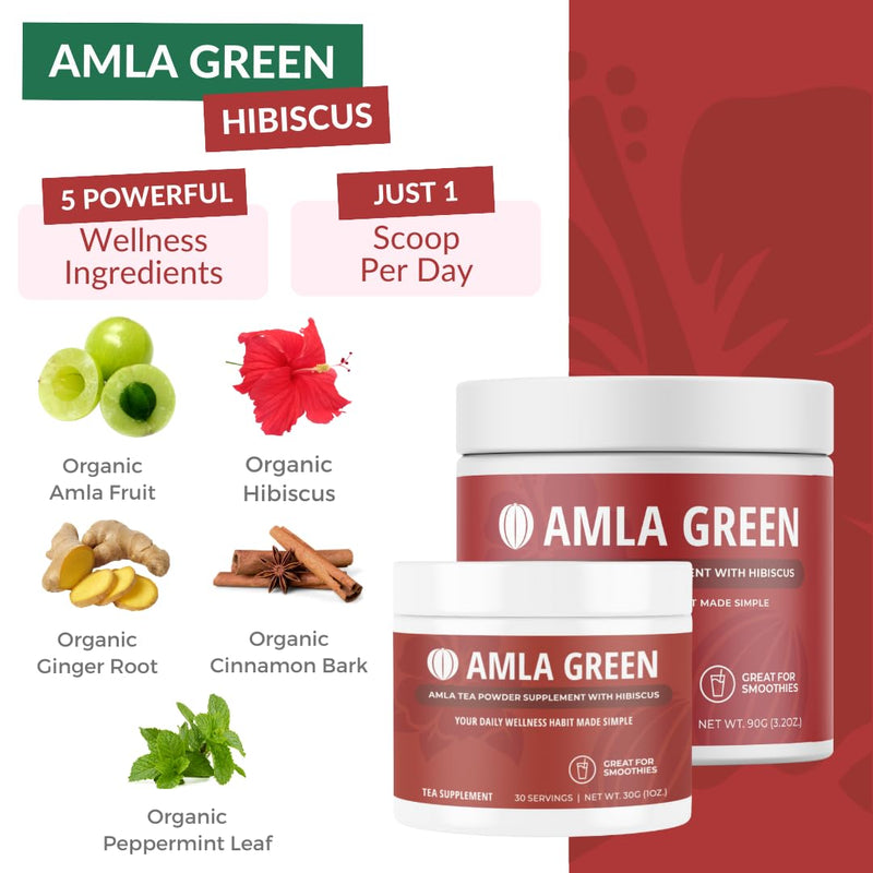 [Australia] - Amla Powder & Green Tea Superfood Supplement with Hibiscus, 20x Ultra Concentrated Amla, Antioxidant Support, Made with Oolong Tea and Indian Gooseberries, Organic, Vegan, Hibiscus, 30 Servings Hibiscus | 30 Servings 