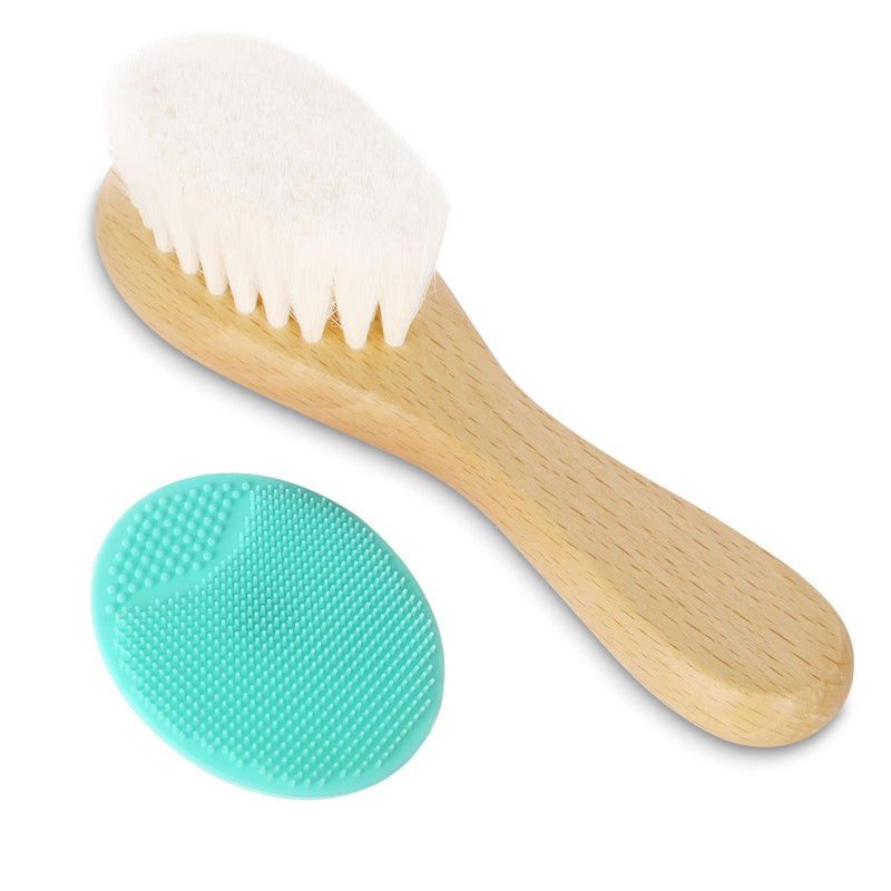 Baby Hair Brush, Goat Bristles Brush and Baby Cradle Cap Brush Set for Cradle Cap Wood Bristle Brush for Newborns and Toddlers (2 Piece) 2pcs (Green Silicone Brush)