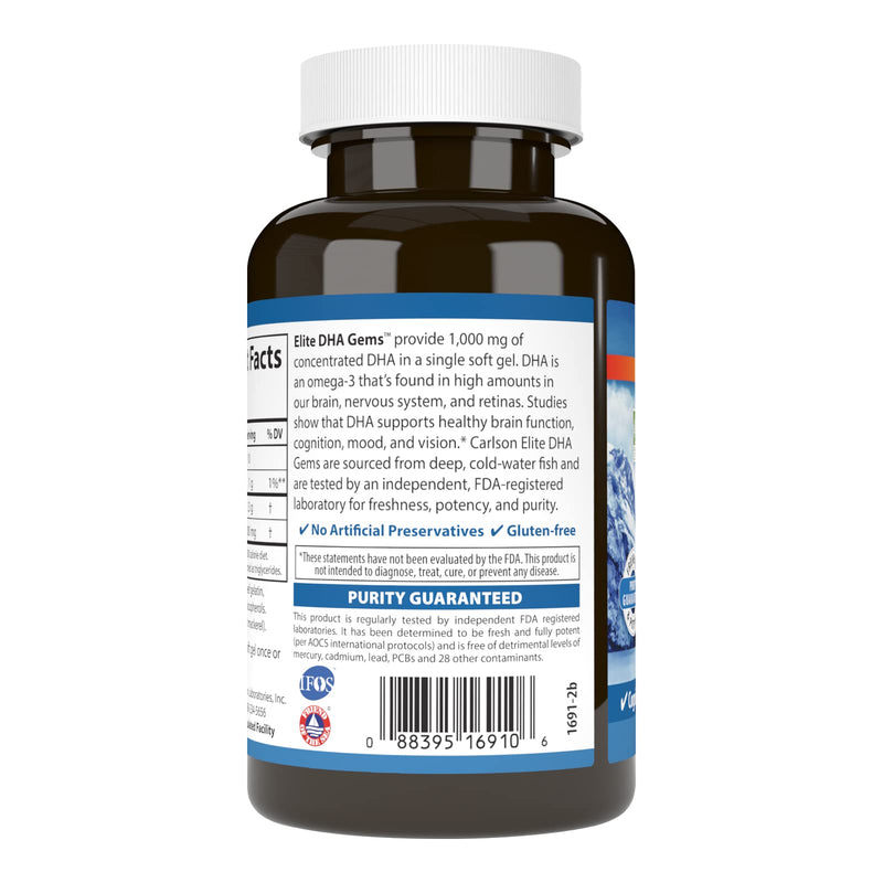 [Australia] - Carlson - Elite DHA Gems, 1000 mg DHA, Wild Caught, Sustainably Sourced, Brain Function & Healthy Vision, 60 Softgels 60 Count (Pack of 1) 