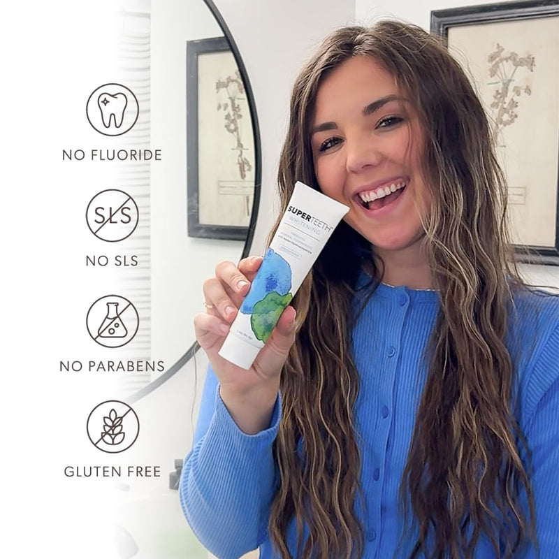 [Australia] - SuperTeeth Whitening Nano Hydroxyapatite (nHAp) Toothpaste for Adults & Kids | Sodium Bicarbonate | Fluoride-Free | Remineralizing | Xylitol | CoQ10 | Prebiotic | Mint | SLS-Free | Made in USA 
