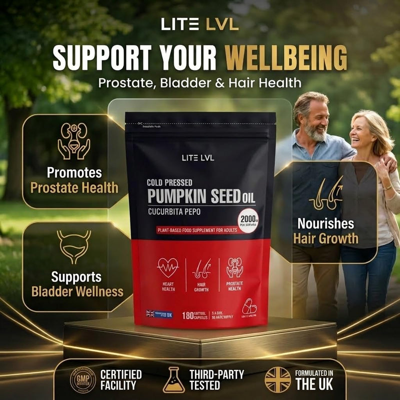 LITE LVL Pumpkin Seed Oil 2000mg – 180 Softgel Capsules | Cold-Pressed | Helps Support Prostate Health, Hair Growth, Bladder & Immune Function | 90 Day Supply | Vegan-Friendly Supplement