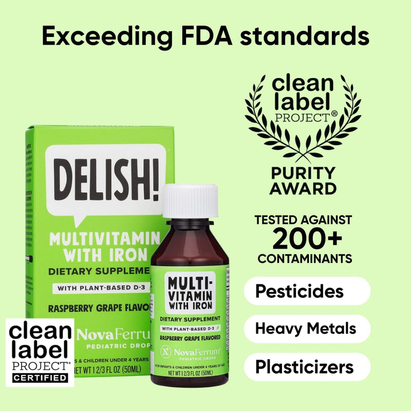 NovaFerrum Delish | Vegan Multivitamin with Iron for Infants, Toddlers & Kids | Immune Support | Organic Plant-Based D-3 | Gluten Free | Vegan Verified | Sugar Free | 1.69 Fl Oz (50 mL) Raspberry Grape 1.67 Fl Oz (Pack of 1)