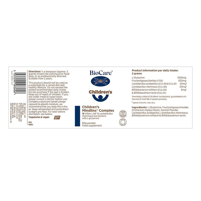 BioCare Children's Mindlinx Complex - 16 Billion LAB4 & Lactobacillus Rhamnosus Live Bacteria, with L-glutamine - Apricot Flavour - Vegan Friendly - 60g Powder