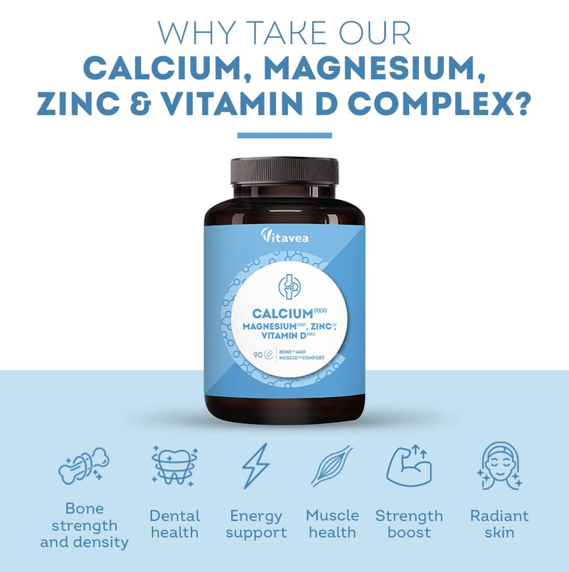Calcium with Magnesium, Zinc & Vitamin D - 90 Tablets for 3 Months - Bone, Muscle & Immune Support - Energy & Metabolism Boost - Gluten & Lactose Free - High Strength Supplement - Vitavea