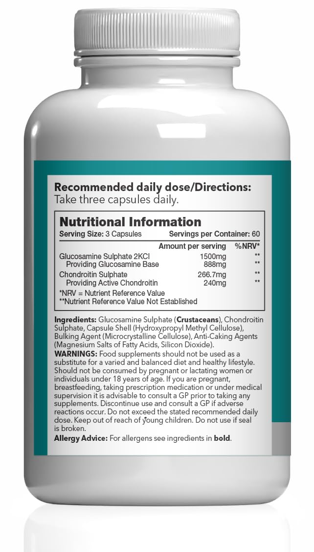 Glucosamine & Chondroitin | High Strength | Supports an Active Lifestyle | Marine Sourced | 3rd Party Tested | 180 Capsules = 2 Months' Supply | GMP-Certified & UK-Made Unflavoured 180 count (Pack of 1)