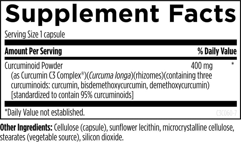 [Australia] - Designs for Health C3 Curcumin Complex - Highly Bioavailable Curcuminoid Turmeric Supplement, 400mg with 3 Bioactive Curcuminoids - Non-GMO, Gluten-Free + Vegetarian (60 Capsules) Standard Packaging 