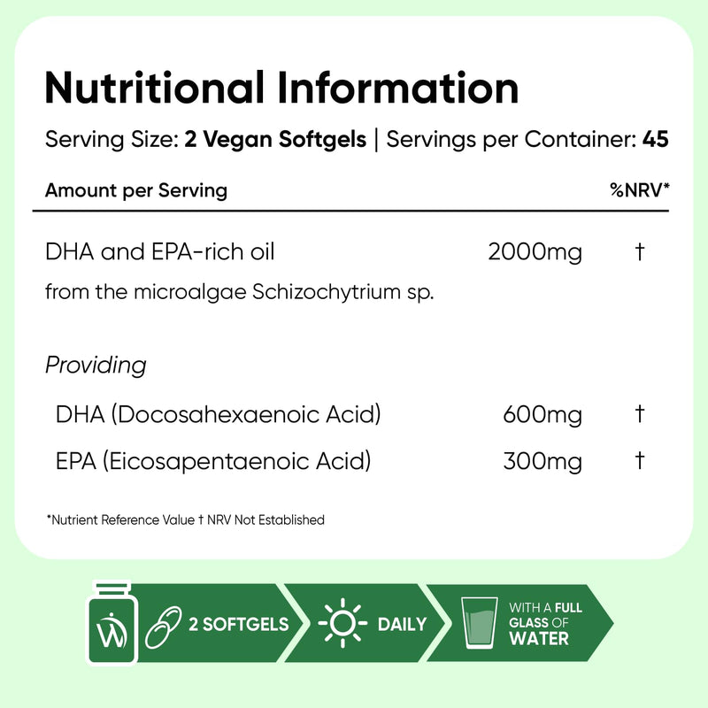Vegan Omega 3 Supplement - 2000mg per Serving - 90 Softgels - 45 Days Supply - Derived from Algal Oil - 2 Softgels a Day - DHA and EPA-Rich Oil - Omega-3 Nutritional Supplements
