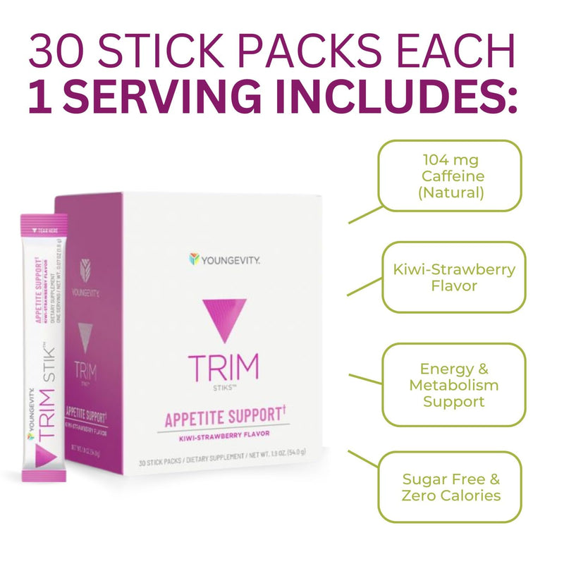 [Australia] - Youngevity Official Trim Stiks - Kiwi-Strawberry - Support Energy & Focus with Mood Boost - Bioperine & Theobromine Energy Powder - Appetite Support (30 Sticks) 