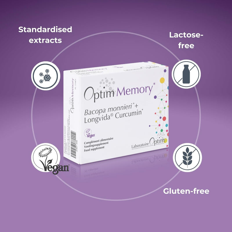 OPTIM Memory – Bacopa Monnieri Brahmi & Longvida Curcumin Capsules for Brain & Focus Support for Adults & Students, 90 Vegan Capsules - SOYA Free