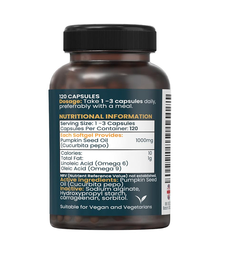 Pumpkin Seed Oil Capsules – 3000mg Daily Cold Pressed Pumpkin Seeds – Vegan Softgels for Prostate & Bladder Support – Omega 6 & 9-120 Capsules 120 count (Pack of 1) Pumpkin Seed Oil