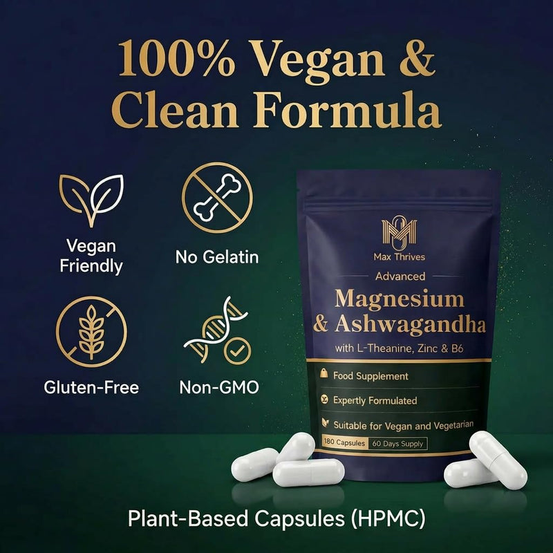 Magnesium Glycinate 5 in 1 Complex - Magnesium Supplement with Ashwagandha, L-Theanine, Zinc & Vitamin B6 – 180 Vegan Capsules – High Strength Magnesium Complex - Muscle Function & Nervous System