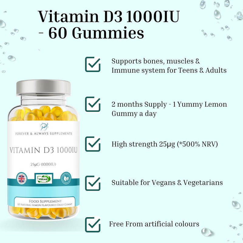 Vitamin D3 1000iu / 25μg Gummy - Adults & Children 12+ Years - 60 x High Strength Lemon Flavour Gummies - 2 Months Supply - Vitamin D Supplement Teeth, Bone, Muscles & Immune System Support