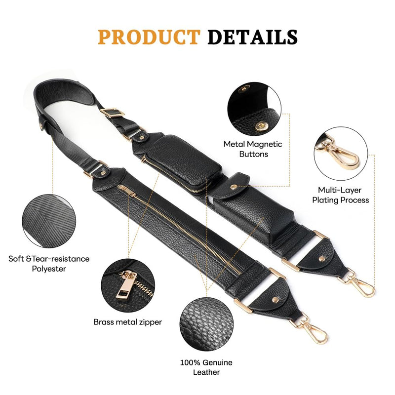 LUCKYCOIN Full Grain Leather Crossbody Strap, Adjustable 46"-55", Black | Pebble Genuine Leather Replacement Strap, 3 Pockets, 360° Swivel Hooks, Soft Shoulder Pad, for Crossbody Bags & Phone Cases