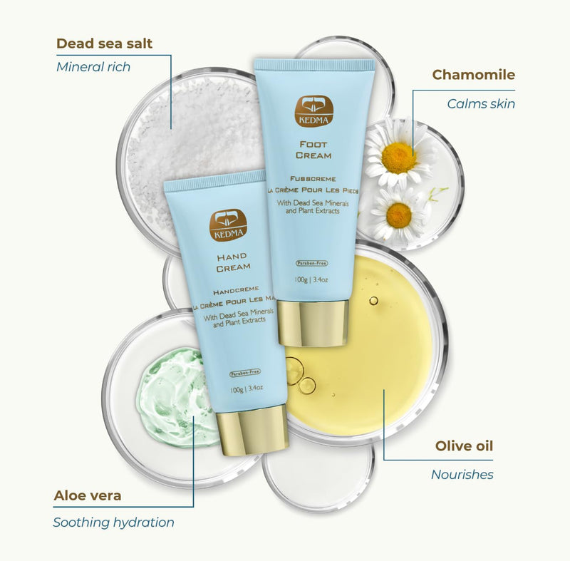 [Australia] - KEDMA Hand & Foot Cream Set – Daily Moisturizing Creams with Dead Sea Minerals, Aloe Vera & Olive Oil – Nourishing Skincare for Dry, Cracked Hands and Feet | 3.4 Oz each / 100g 