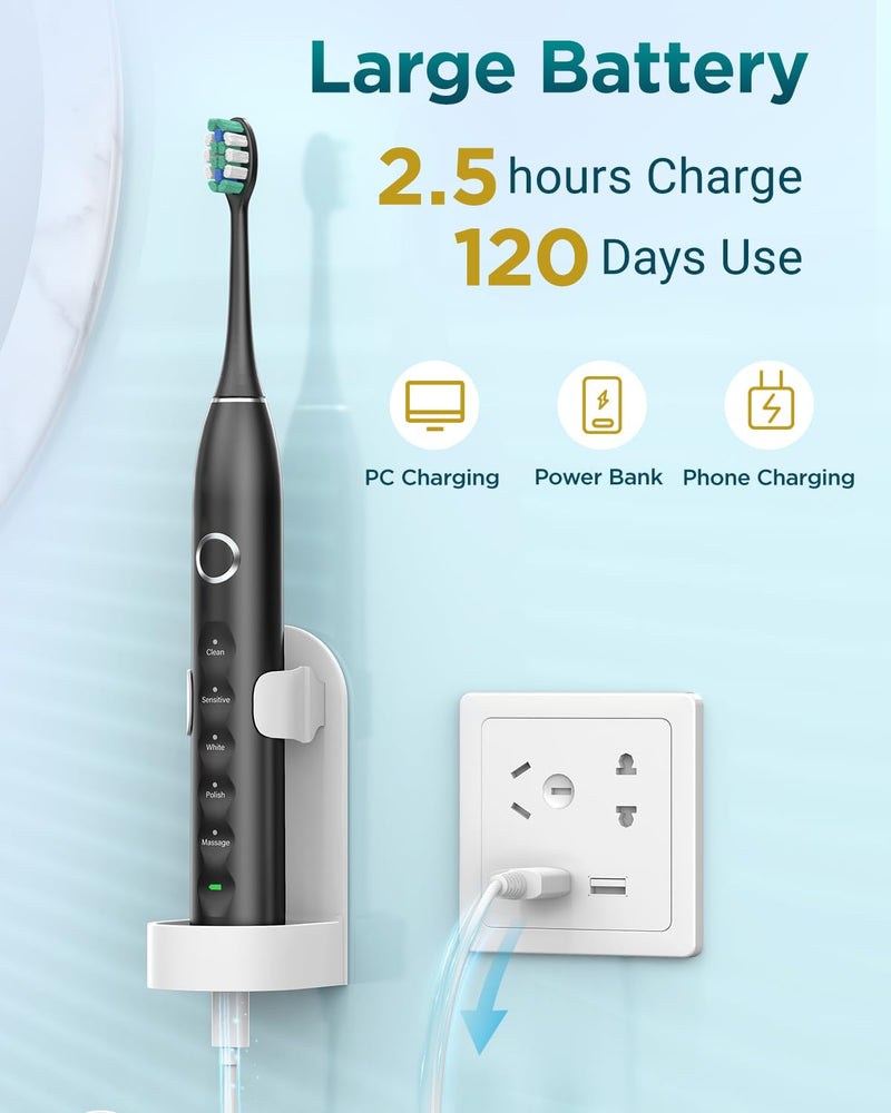 Rtauys S5 Upgraded Sonic Electric Toothbrush for Adults and Kids Ages 12+ with 8 Brush Heads, IPX7 Travel Toothbrush with Case, 2.5 Hours Charge for 120 Days, 5 Modes with Built-in Smart Timer Black