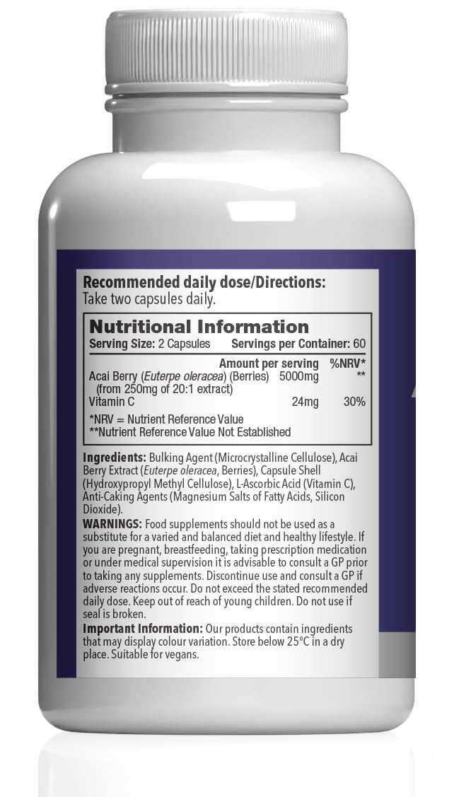 Acai Berry 5000mg Capsules | with Vitamin C | Supports Immune System & Collagen Formation | Freeze-Dried Extract | Vegan Friendly | 240 Capsules = 4-Month Supply | UK Made Unflavoured 1 count (Pack of 240)