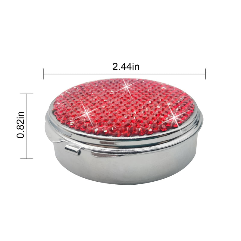 Bling Pill Case for Purse Medicine Vitamin Container Holder | Pocket Pill Case Round Medicine Organizer for Vitamin/Fish Oils/Supplement Travel Medicine Kit 3 Compartment Red