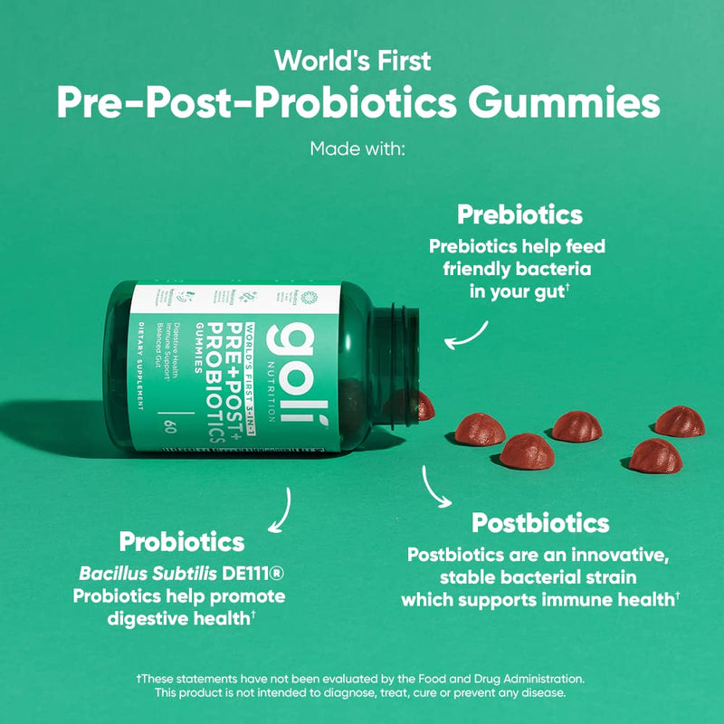 [Australia] - Goli Nutritional Supplement, Pre+Post+Probiotics Gummy - 60 Count - World's First 3-in-1 Gluten-Free, Vegan, Non-GMO, and Gelatin-Free. Watermelon 60 Count (Pack of 1) 