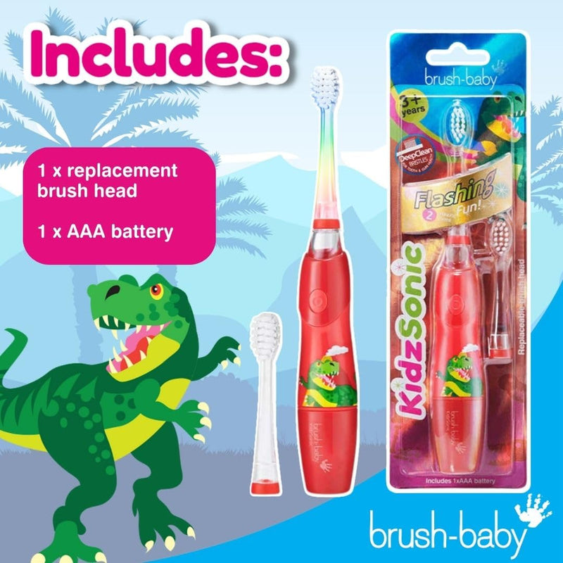 [Australia] - brush-baby KidzSonic Toddler and Kid Electric Toothbrush for Ages 3+ Years - Disco Lights, Gentle Vibration, and Smart Timer Provide a Fun Brushing Experience - 2 Brush Heads Included - Dinosaur 