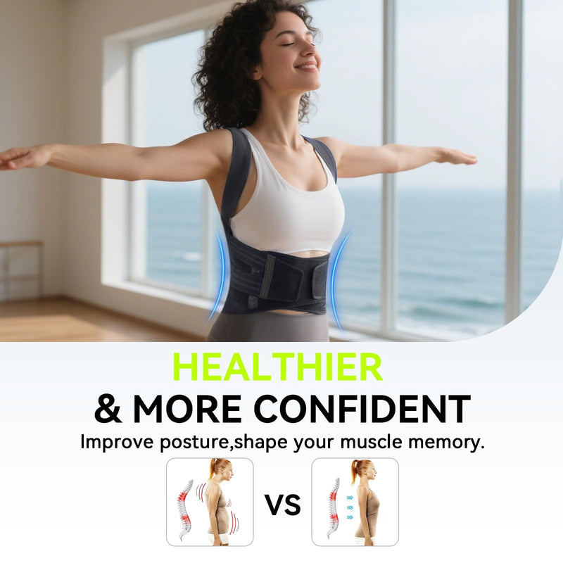 [Australia] - Posture Corrector for Women & Men, [Upgraded Support & Breathable Mesh] Adjustable Back Brace, Full Back Support, Shoulder Straightener for Back Pain Relief, Scoliosis, Hunchback & Spine Alignment Large Black Gray 