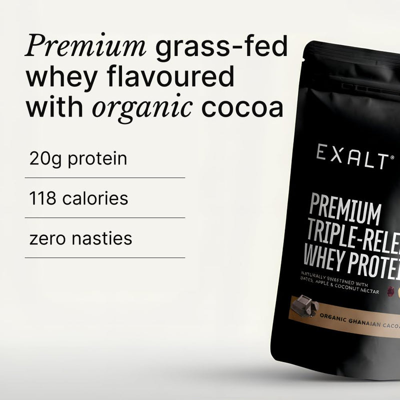 EXALT Nutrition - Whey Protein Powder - Ghanaian Cacao - 500g - Premium Grass Fed Whey - Micellar Casein & Free Range Egg White - 7hr Triple-Release Blend - Naturally Sweetened with Dates 500 g (Pack of 1)