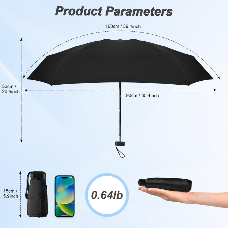 Mini Travel Umbrella, Ultra Waterproof Flat Compact Small for Pocket Purse | Super Waterproof, Foldable Flat Design, Ultra Compact 6-Fold to 5.9 Inch, Lightweight Portable Fits Light Rain 02.Black 2pcs