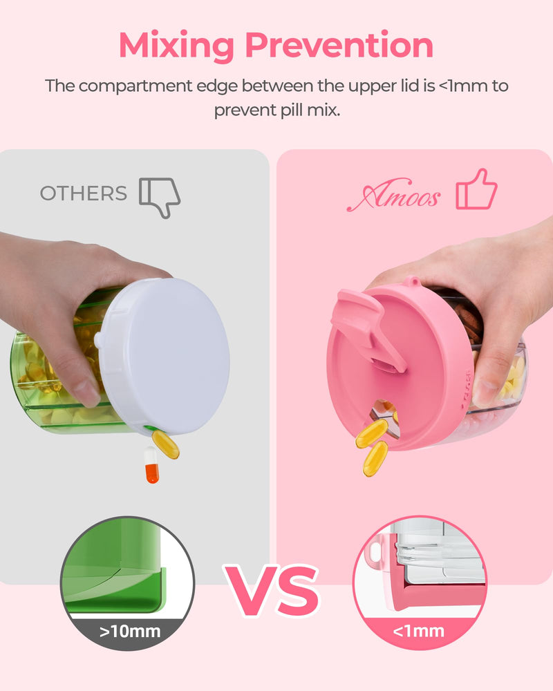 AMOOS Cute Pill Dispenser with Anti-Mix Design, 7-Slot, BPA-Free, Patented | Portable Pill Organizer, Wide Mouth for Easy Access, Pill Bottle Organizer for Vitamins, Fish Oils, Supplements, Hot Pink