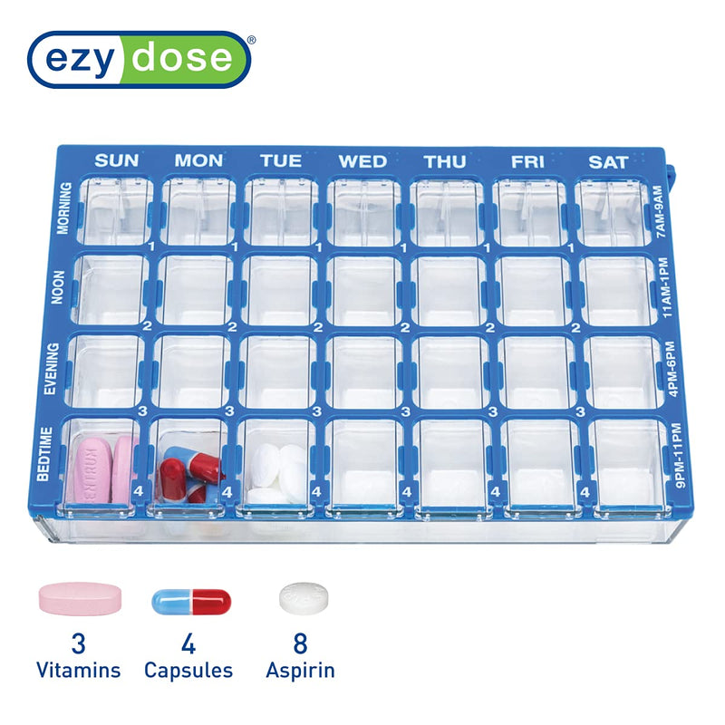 Ezy Dose Pharmadose Weekly 7-Day, 4X/Day Pill Organizer, Blue, Small | 28 Small Compartment Pill Case, Medicine Planner, Vitamin Organizer with Easy Fill Tray, BPA Free Small 6.25"x4"x1" (Pack of 1)