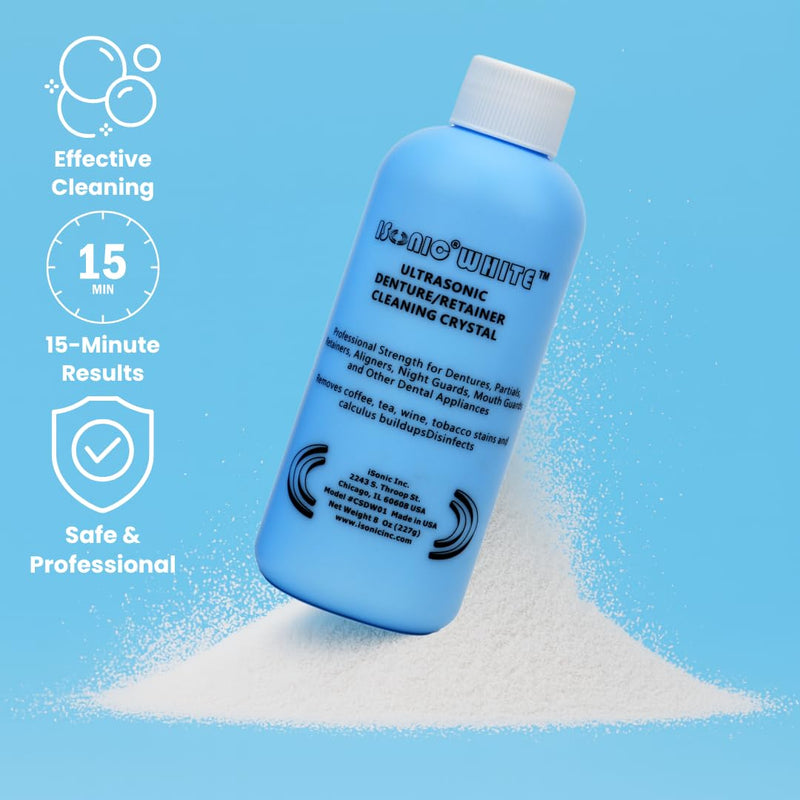 [Australia] - iSonic White CSDW01 Denture/Retainer Cleaning Crystal to Remove Stains, Buildups for all dental/sleep apnea/clear appliances, 8OZ bottle 