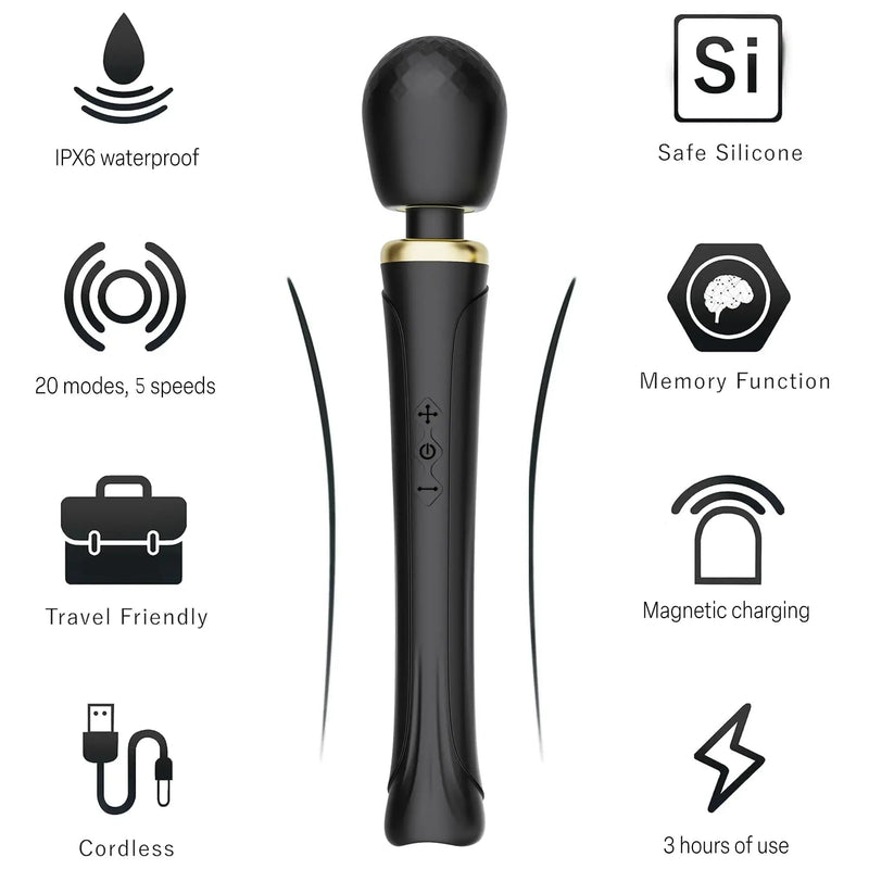 Therapeutic Cordless Massager - IPX6 Waterproof Powerful Massage Tool Handheld 8 Speeds 20 Patterns - Rechargeable Hand Massagers for Sore Muscles - Hand Held Massage Tool for Neck & Back Black