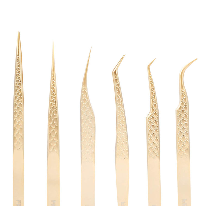 FEITA Eyelash Extension Tweezer Set Gold Lash Applicator Tool - Precision Lashes Diamond Grip Tweezers for 2D-6D Volume & Individual Eyelashes Extensions Supplies (6Pcs) Gold Diamond-grip 6pcs