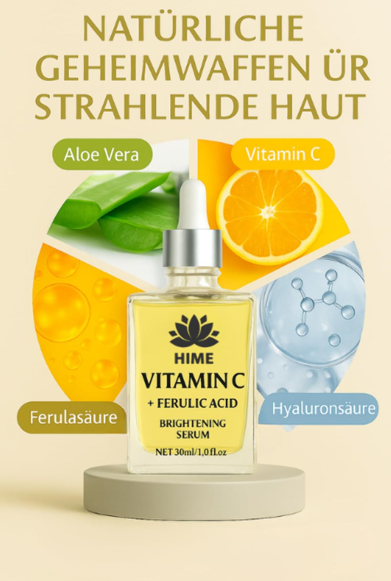 Vitamin C Serum 15% [High Dose] - Anti-Ageing Formula with Ferulic Acid, Aloe Vera & Hyaluronic Acid | Wrinkle Reduction, Moisture Booster for Sensitive Skin - No Additives, Organic | Hime®
